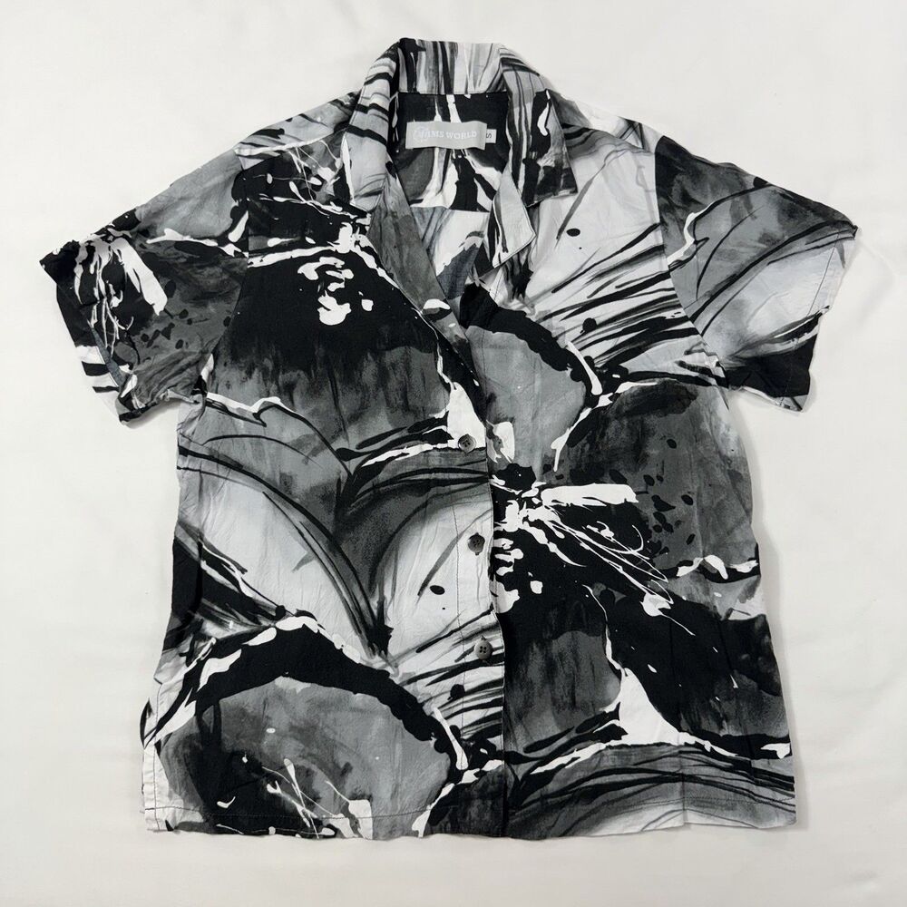 Jams World Katarina Abstract Floral Blouse SMALL Black White Retro Resortwear